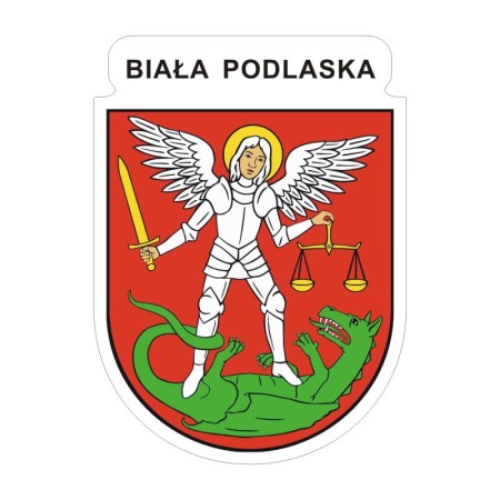 Naklejka z herbem Białej Podlaskiej i napisem Biała Podlaska nad herbem, herb i napis posiadają białą obwódkę, która jest białym tłem dla herbu Białej Podlaskiej i napisu. Wymiar naklejki 12 cm wysokości.