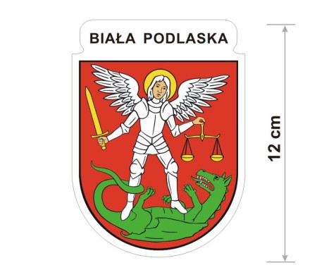 Naklejka z herbem Białej Podlaskiej, nad herbem jest umieszczony napis Biała Podlaska. Herb wraz z nazwą otoczone są białą obwódką stanowiącą białe tło naklejki. Obok podano wymiar wysokości naklejki - 12 cm.