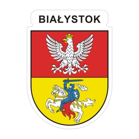 Naklejka z herbem Białegostoku i napisem Białystok nad herbem, herb i napis posiadają białą obwódkę, która jest białym tłem dla herbu Białegostoku i napisu. Wymiar naklejki 12 cm wysokości.