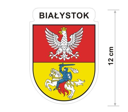 Naklejka z herbem Białegostoku, nad herbem jest umieszczony napis Białystok. Herb wraz z nazwą otoczone są białą obwódką stanowiącą białe tło naklejki. Obok podano wymiar wysokości naklejki - 12 cm.