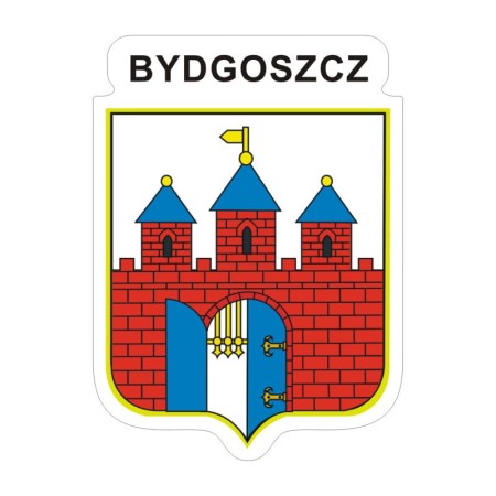 Naklejka z herbem Bydgoszczy i napisem Bydgoszcz nad herbem, herb i napis posiadają białą obwódkę, która jest białym tłem dla herbu Bydgoszczy i napisu. Wymiar naklejki 12 cm wysokości.