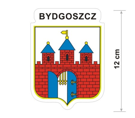 Naklejka z herbem Bydgoszczy, nad herbem jest umieszczony napis Bydgoszcz. Herb wraz z nazwą otoczone są białą obwódką stanowiącą białe tło naklejki. Obok podano wymiar wysokości naklejki - 12 cm.