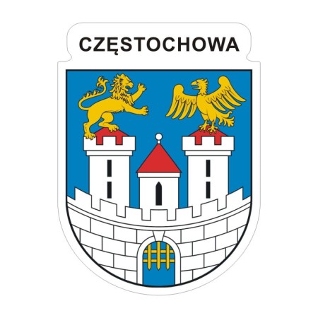 Naklejka z herbem Częstochowy i napisem Częstochowa nad herbem, herb i napis posiadają białą obwódkę, która jest białym tłem dla herbu Częstochowy i napisu. Wymiar naklejki 12 cm wysokości.
