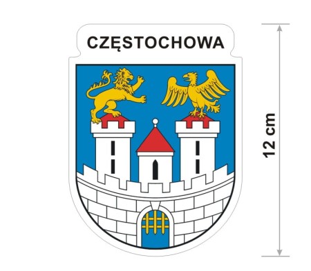 Naklejka z herbem Częstochowy, nad herbem jest umieszczony napis Częstochowa. Herb wraz z nazwą otoczone są białą obwódką stanowiącą białe tło naklejki. Obok podano wymiar wysokości naklejki - 12 cm.