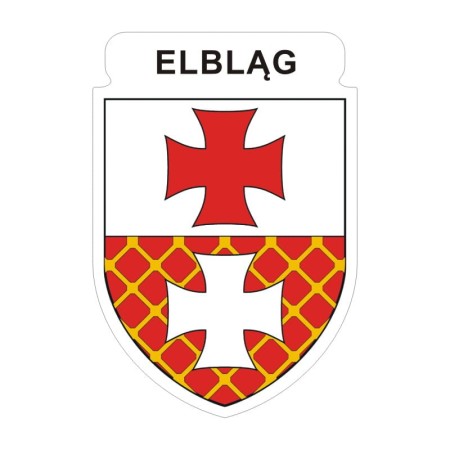 Naklejka z herbem Elbląga i napisem Elbląg nad herbem, herb i napis posiadają białą obwódkę, która jest białym tłem dla herbu Elbląga i napisu. Wymiar naklejki 12 cm wysokości.