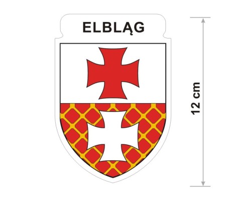 Naklejka z herbem Elbląga, nad herbem jest umieszczony napis Elbląg. Herb wraz z nazwą otoczone są białą obwódką stanowiącą białe tło naklejki. Obok podano wymiar wysokości naklejki - 12 cm.