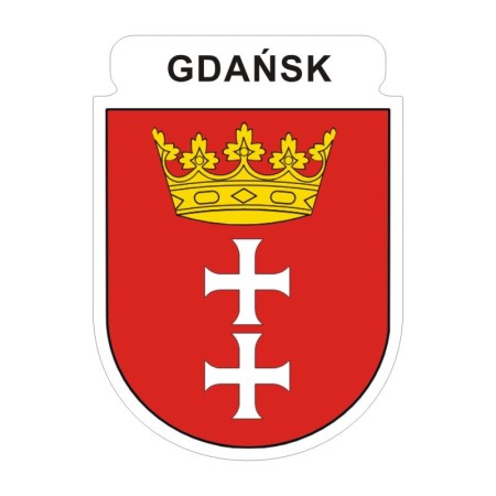 Naklejka z herbem Gdańska i napisem Gdańsk nad herbem, herb i napis posiadają białą obwódkę, która jest białym tłem dla herbu Gdańska i napisu. Wymiar naklejki 12 cm wysokości.