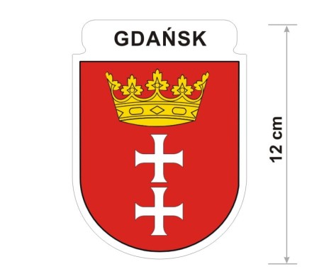 Naklejka z herbem Gdańska, nad herbem jest umieszczony napis Gdańsk. Herb wraz z nazwą otoczone są białą obwódką stanowiącą białe tło naklejki. Obok podano wymiar wysokości naklejki - 12 cm.