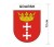 Naklejka z herbem Gdańska, nad herbem jest umieszczony napis Gdańsk. Herb wraz z nazwą otoczone są białą obwódką stanowiącą białe tło naklejki. Obok podano wymiar wysokości naklejki - 12 cm.