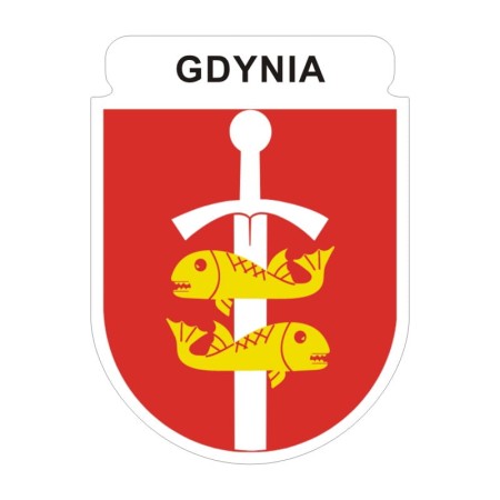 Naklejka z herbem Gdyni i napisem Gdynia nad herbem, herb i napis posiadają białą obwódkę, która jest białym tłem dla herbu Gdyni i napisu. Wymiar naklejki 12 cm wysokości.