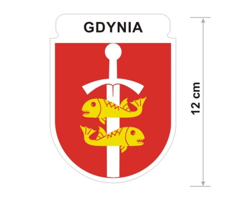 Naklejka z herbem Gdyni, nad herbem jest umieszczony napis Gdynia. Herb wraz z nazwą otoczone są białą obwódką stanowiącą białe tło naklejki. Obok podano wymiar wysokości naklejki - 12 cm.