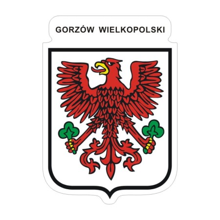 Naklejka z herbem Gorzowa Wielkopolskiego i napisem Gorzów Wielkopolski nad herbem, herb i napis posiadają białą obwódkę, która jest białym tłem dla herbu Gorzowa Wielkopolskiego i napisu. Wymiar naklejki 12 cm wysokości.