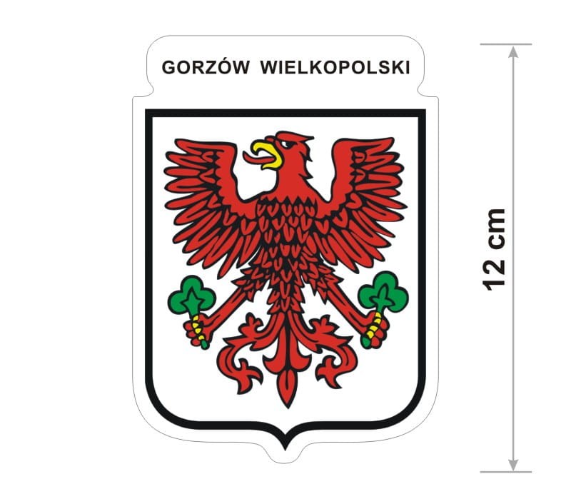 Naklejka z herbem Gorzowa Wielkopolskiego, nad herbem jest umieszczony napis Gorzów Wielkopolski. Herb wraz z nazwą otoczone są białą obwódką stanowiącą białe tło naklejki. Obok podano wymiar wysokości naklejki - 12 cm.