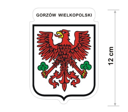 Naklejka z herbem Gorzowa Wielkopolskiego, nad herbem jest umieszczony napis Gorzów Wielkopolski. Herb wraz z nazwą otoczone są białą obwódką stanowiącą białe tło naklejki. Obok podano wymiar wysokości naklejki - 12 cm.