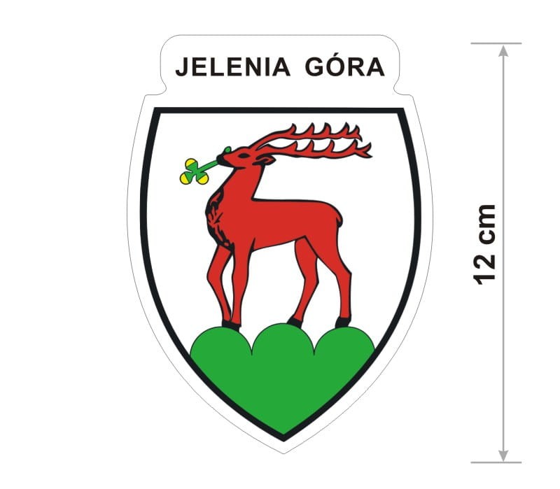 Naklejka z herbem Jeleniej Góry, nad herbem jest umieszczony napis Jelenia Góra. Herb wraz z nazwą otoczone są białą obwódką stanowiącą białe tło naklejki. Obok podano wymiar wysokości naklejki - 12 cm.