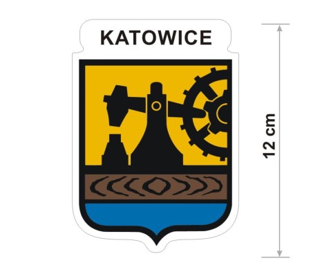 Naklejka z herbem Katowic, nad herbem jest umieszczony napis Katowice. Herb wraz z nazwą otoczone są białą obwódką stanowiącą białe tło naklejki. Obok podano wymiar wysokości naklejki - 12 cm.