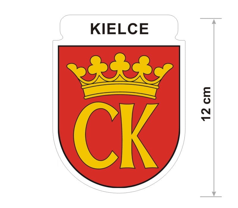 Naklejka z herbem Kielc, nad herbem jest umieszczony napis Kielce. Herb wraz z nazwą otoczone są białą obwódką stanowiącą białe tło naklejki. Obok podano wymiar wysokości naklejki - 12 cm.