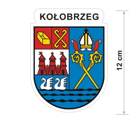 Naklejka z herbem Kołobrzegu, nad herbem jest umieszczony napis Kołobrzeg. Herb wraz z nazwą otoczone są białą obwódką stanowiącą białe tło naklejki. Obok podano wymiar wysokości naklejki - 12 cm.