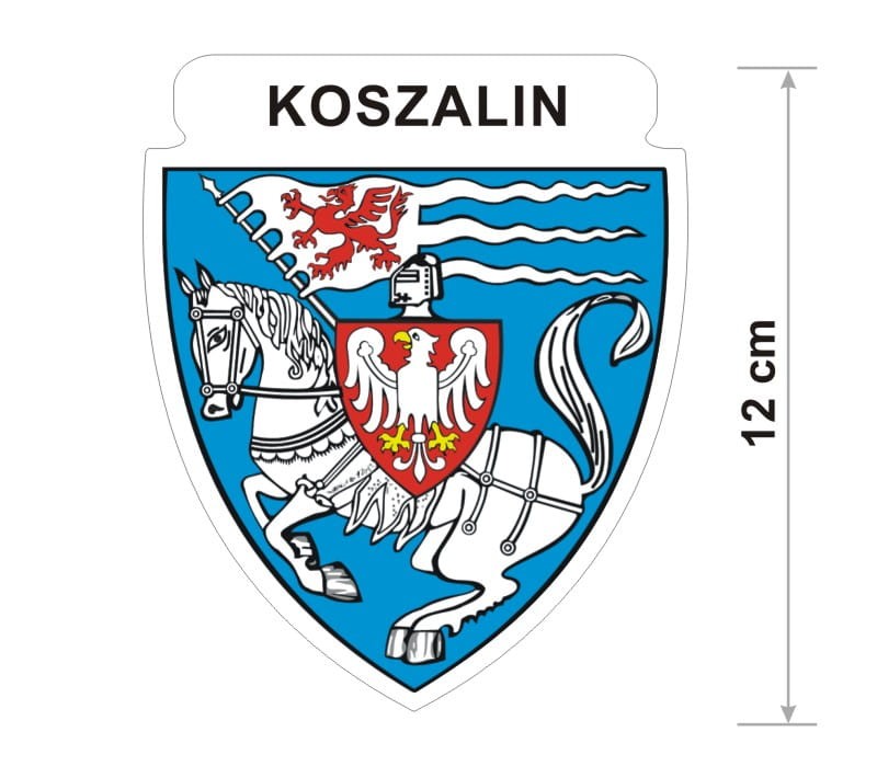 Naklejka z herbem Koszalina, nad herbem jest umieszczony napis Koszalin. Herb wraz z nazwą otoczone są białą obwódką stanowiącą białe tło naklejki. Obok podano wymiar wysokości naklejki - 12 cm.