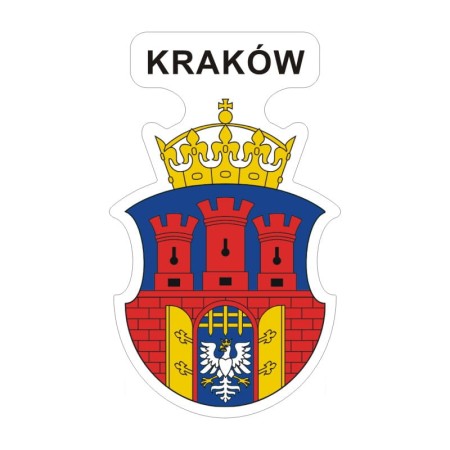 Naklejka z herbem Krakowa i napisem Kraków nad herbem, herb i napis posiadają białą obwódkę, która jest białym tłem dla herbu Krakowa i napisu. Wymiar naklejki 12 cm wysokości.