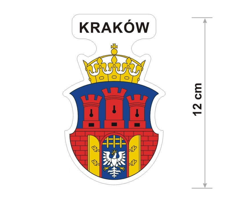 Naklejka z herbem Krakowa, nad herbem jest umieszczony napis Kraków. Herb wraz z nazwą otoczone są białą obwódką stanowiącą białe tło naklejki. Obok podano wymiar wysokości naklejki - 12 cm.