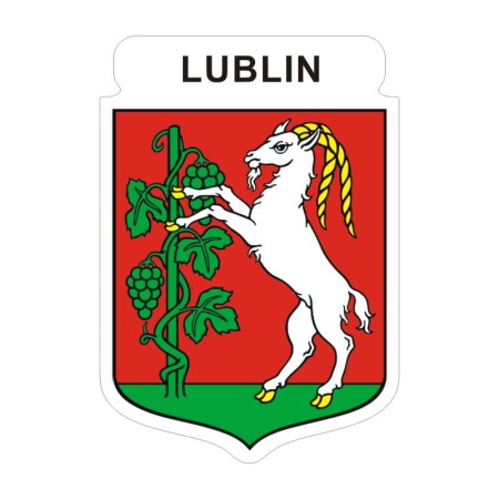 Naklejka z herbem Lublina i napisem Lublin nad herbem, herb i napis posiadają białą obwódkę, która jest białym tłem dla herbu Lublina i napisu. Wymiar naklejki 12 cm wysokości.