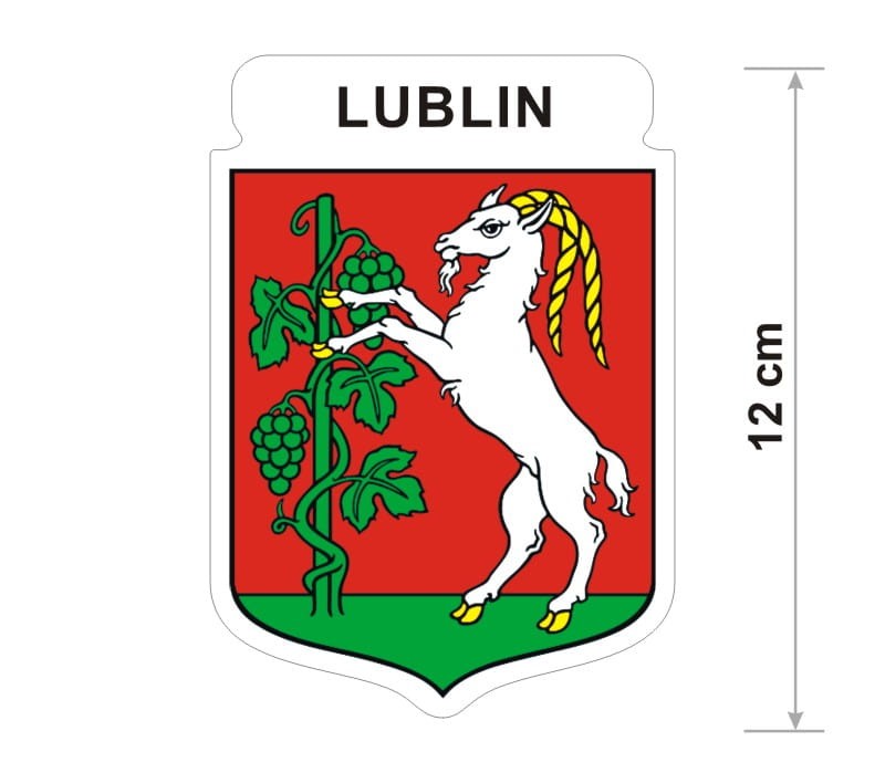 Naklejka z herbem Lublina, nad herbem jest umieszczony napis Lublin. Herb wraz z nazwą otoczone są białą obwódką stanowiącą białe tło naklejki. Obok podano wymiar wysokości naklejki - 12 cm.
