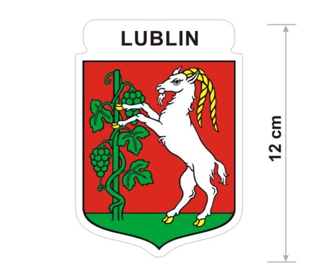 Naklejka z herbem Lublina, nad herbem jest umieszczony napis Lublin. Herb wraz z nazwą otoczone są białą obwódką stanowiącą białe tło naklejki. Obok podano wymiar wysokości naklejki - 12 cm.