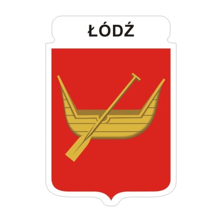 Naklejka z herbem Łodzi i napisem Łódź nad herbem, herb i napis posiadają białą obwódkę, która jest białym tłem dla herbu Łodzi i napisu. Wymiar naklejki 12 cm wysokości.