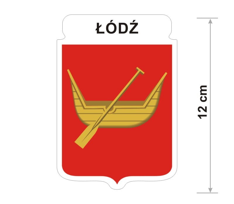 Naklejka z herbem Łodzi, nad herbem jest umieszczony napis Łódź. Herb wraz z nazwą otoczone są białą obwódką stanowiącą białe tło naklejki. Obok podano wymiar wysokości naklejki - 12 cm.