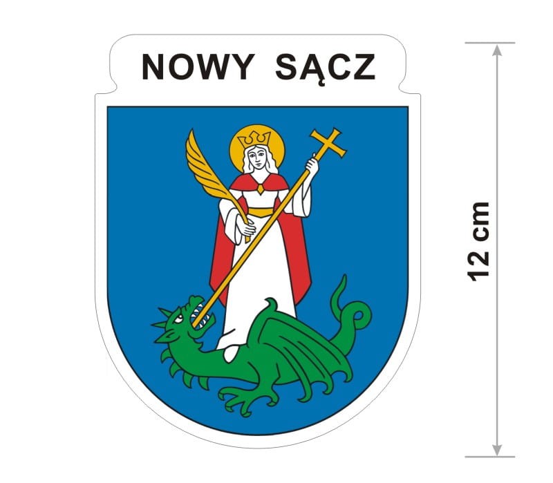 Naklejka z herbem Nowego Sącza, nad herbem jest umieszczony napis Nowy Sącz. Herb wraz z nazwą otoczone są białą obwódką stanowiącą białe tło naklejki. Obok podano wymiar wysokości naklejki - 12 cm.