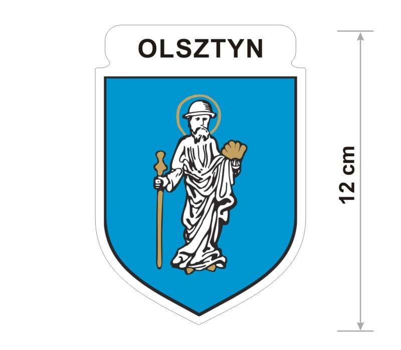 Naklejka z herbem Olsztyna, nad herbem jest umieszczony napis Olsztyn. Herb wraz z nazwą otoczone są białą obwódką stanowiącą białe tło naklejki. Obok podano wymiar wysokości naklejki - 12 cm.