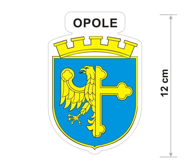 Naklejka z herbem Opola nad herbem jest umieszczony napis Opole. Herb wraz z nazwą otoczone są białą obwódką stanowiącą białe tło naklejki. Obok podano wymiar wysokości naklejki - 12 cm.