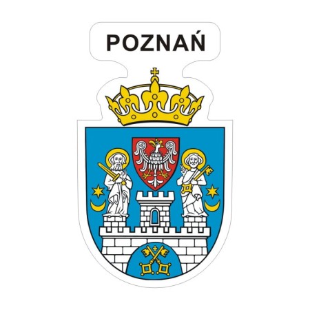 Naklejka z herbem Poznania i napisem Poznań nad herbem, herb i napis posiadają białą obwódkę, która jest białym tłem dla herbu Poznania i napisu. Wymiar naklejki 12 cm wysokości.