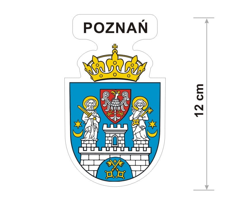 Naklejka z herbem Poznania, nad herbem jest umieszczony napis Poznań. Herb wraz z nazwą otoczone są białą obwódką stanowiącą białe tło naklejki. Obok podano wymiar wysokości naklejki - 12 cm.