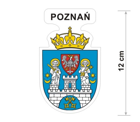 Naklejka z herbem Poznania, nad herbem jest umieszczony napis Poznań. Herb wraz z nazwą otoczone są białą obwódką stanowiącą białe tło naklejki. Obok podano wymiar wysokości naklejki - 12 cm.