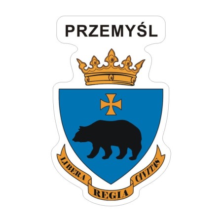 Naklejka z herbem Przemyśla i napisem Przemyśl nad herbem, herb i napis posiadają białą obwódkę, która jest białym tłem dla herbu Przemyśla i napisu. Wymiar naklejki 12 cm wysokości.