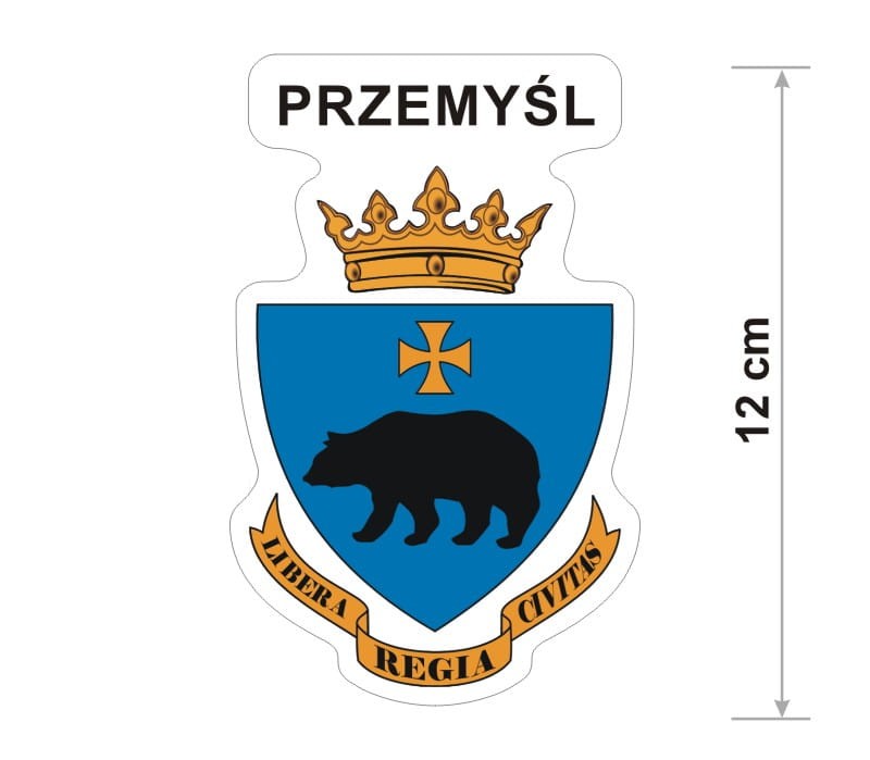 Naklejka z herbem Przemyśla, nad herbem jest umieszczony napis Przemyśl. Herb wraz z nazwą otoczone są białą obwódką stanowiącą białe tło naklejki. Obok podano wymiar wysokości naklejki - 12 cm.