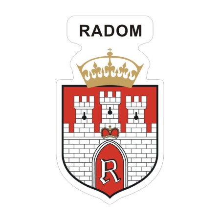 Naklejka z herbem Radomia i napisem Radom nad herbem, herb i napis posiadają białą obwódkę, która jest białym tłem dla herbu Radomia i napisu. Wymiar naklejki 12 cm wysokości.