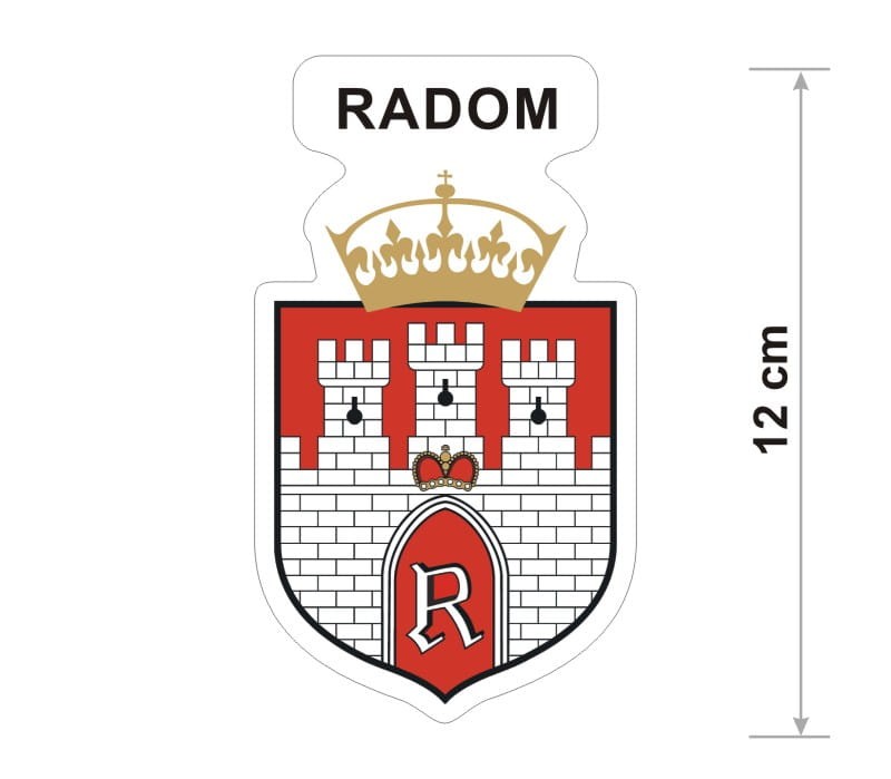 Naklejka z herbem Radomia, nad herbem jest umieszczony napis Radom. Herb wraz z nazwą otoczone są białą obwódką stanowiącą białe tło naklejki. Obok podano wymiar wysokości naklejki - 12 cm.