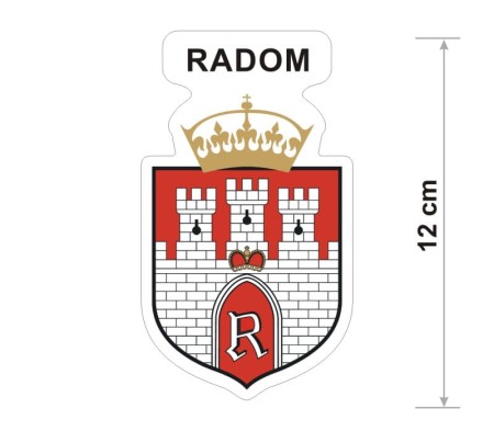 Naklejka z herbem Radomia, nad herbem jest umieszczony napis Radom. Herb wraz z nazwą otoczone są białą obwódką stanowiącą białe tło naklejki. Obok podano wymiar wysokości naklejki - 12 cm.