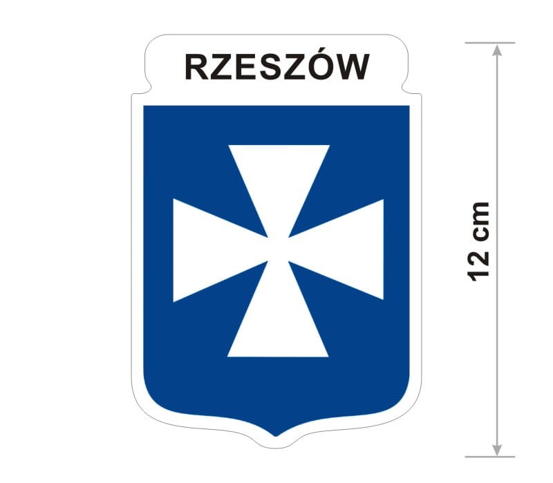 Naklejka z herbem Rzeszowa, nad herbem jest umieszczony napis Rzeszów. Herb wraz z nazwą otoczone są białą obwódką stanowiącą białe tło naklejki. Obok podano wymiar wysokości naklejki - 12 cm.