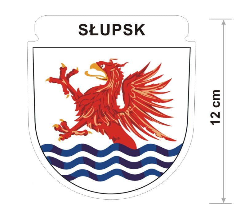 Naklejka z herbem Słupska, nad herbem jest umieszczony napis Słupsk. Herb wraz z nazwą otoczone są białą obwódką stanowiącą białe tło naklejki. Obok podano wymiar wysokości naklejki - 12 cm.