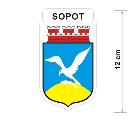 Naklejka z herbem Sopotu, nad herbem jest umieszczony napis Sopot. Herb wraz z nazwą otoczone są białą obwódką stanowiącą białe tło naklejki. Obok podano wymiar wysokości naklejki - 12 cm.