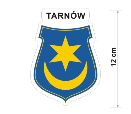 Naklejka z herbem Tarnowa, nad herbem jest umieszczony napis Tarnów. Herb wraz z nazwą otoczone są białą obwódką stanowiącą białe tło naklejki. Obok podano wymiar wysokości naklejki - 12 cm.