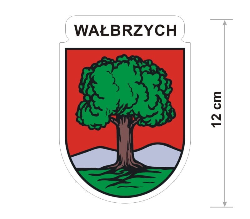 Naklejka z herbem Torunia, nad herbem jest umieszczony napis Toruń. Herb wraz z nazwą otoczone są białą obwódką stanowiącą białe tło naklejki. Obok podano wymiar wysokości naklejki - 12 cm.