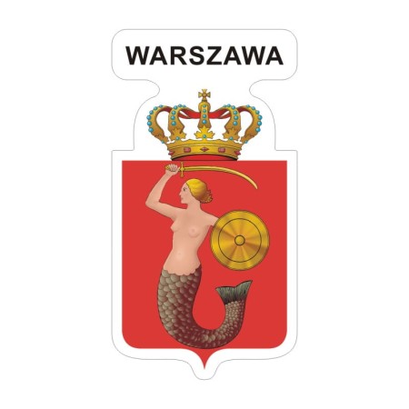 Naklejka z herbem Warszawy i napisem Warszawa nad herbem, herb i napis posiadają białą obwódkę, która jest białym tłem dla herbu Warszawy i napisu. Wymiar naklejki 12 cm wysokości.
