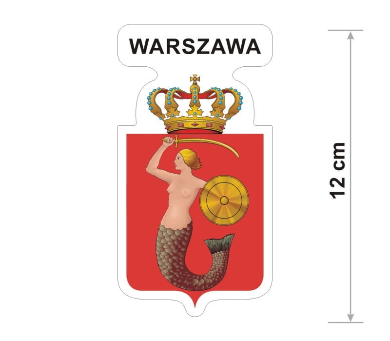 Naklejka z herbem Warszawy, nad herbem jest umieszczony napis Warszawa. Herb wraz z nazwą otoczone są białą obwódką stanowiącą białe tło naklejki. Obok podano wymiar wysokości naklejki - 12 cm.