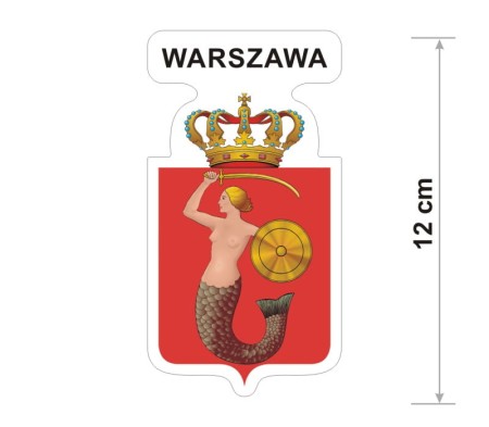 Naklejka z herbem Warszawy, nad herbem jest umieszczony napis Warszawa. Herb wraz z nazwą otoczone są białą obwódką stanowiącą białe tło naklejki. Obok podano wymiar wysokości naklejki - 12 cm.