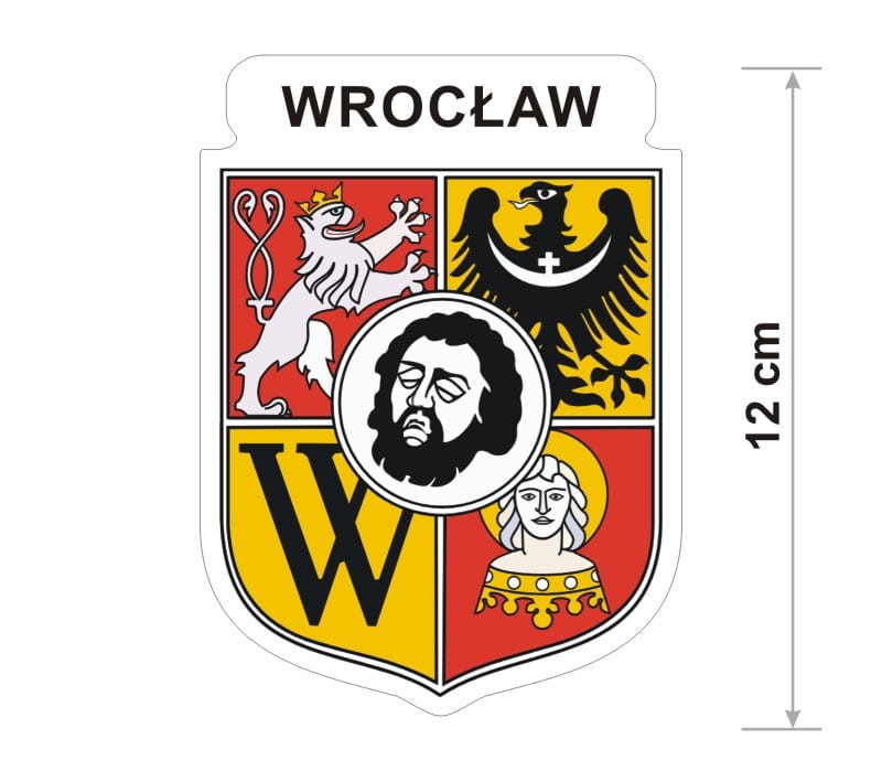 Naklejka z herbem Wrocławia, nad herbem jest umieszczony napis Wrocław. Herb wraz z nazwą otoczone są białą obwódką stanowiącą białe tło naklejki. Obok podano wymiar wysokości naklejki - 12 cm.